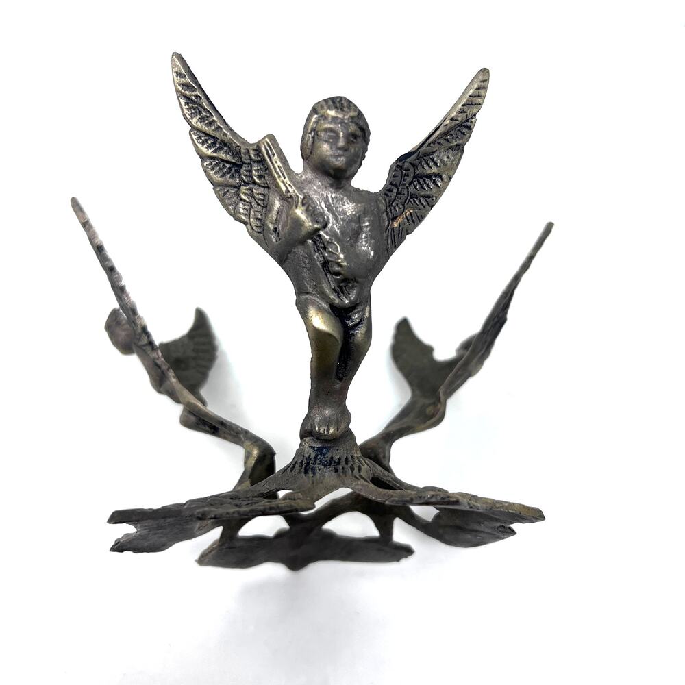 Vintage Brass Cherub Bowl Orb Ball Angel Tripod Holder‎ Display Stand 4" tall